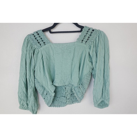 Earthbound Trading Co Women's L Boho Crochet Knit Top Sage Green Peasant Blouse - Picture 2 of 6